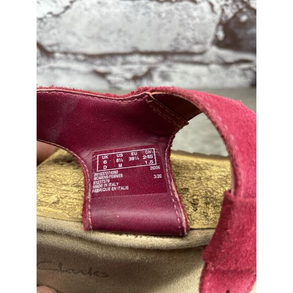 Clarks Red Suede Strappy Buckle Cork Wedge Sandals Women Sz 8.5M US/39.5EU Italy - Picture 6 of 16